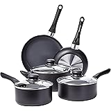 Amazon Basics - Batteria da cucina, 8 pezzi con rivestimento antiaderente, Nero