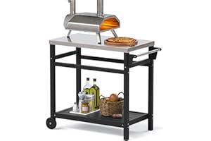 TORVA Movable Pizza Oven Trolley, Outdoor Food Prep Dining Table Cart with Stainless Steel Metal Top, BBQ Grill Stand for Kitchen Patio Backyard Garden, Black Color
