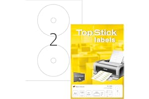 TopStick 8656 etykiety CD DIN A4 (Ø 117 mm maks, 100 arkuszy, papier, matowy) samoprzylepne, możliwość zadrukowania, trwale przylegające naklejki CD, 200 etykiet samoprzylepnych, białe