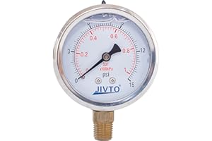 JIVTO liquid filled pressure gauge, 2.5" dia,0-15 Psi,0-1 Bar, 1/4" BSPT lower mount,PC window