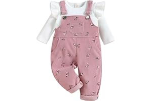 UUAISSO Ropa Para Niñas Pequeñas Camisetas de Manga Larga Punto Acanalado Pantalones Tirantes Florales y Bolsillos Conjuntos