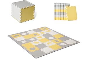 KK KINDERKRAFT Kinderkraft Mata piankowa LUNO, Wielofunkcyjna, Puzzle 30 elementów, Wodoodporna, Izolacja od podłogi, Antypoślizgowa powierzchnia, Łatwe czyszczenie, Torba do transportu w zestawie, Żółto Biały