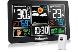 Kalawen Weather Station with Outdoor Indoor Sensor, MSF Wireless Digital Alarm Clock, Barometer, Temperature, Humidity Monitor, Weather Forecast for Home Garden