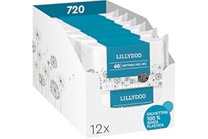 Salviettine gettabili nel WC LILLYDOO, 720 pezzi (12 x 60), 100% in tessuto senza plastica, senza profumi e delicate sulla pelle