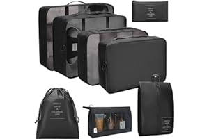 Masswish Organiseurs de Bagage pour Voyage, Rangement Valise Lot de 8, Packing Cubes Organiseur, Sacs à Vêtements, Chaussures, pour Cosmétiques (Noir)