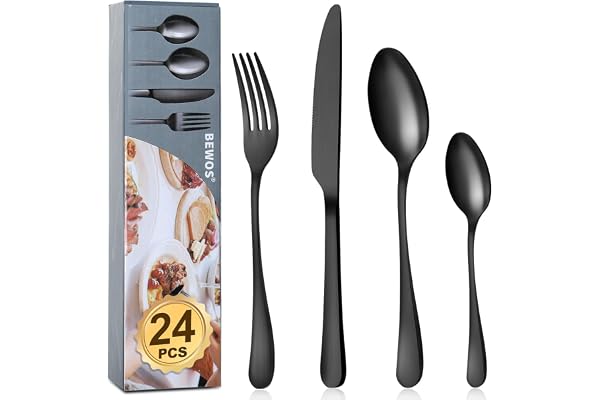 BEWOS 24 pièces Ensemble de couverts noir mat de haute qualité en acier inoxydable, couverts set fourchettes, couteaux, cuillères, service pour 6, passe au lave-vaisselle