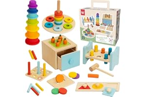 Nene Toys Montessori Baby Leksaker från 1 år – Utvecklingsset för 12–24 månader med 3-i-1 aktivitetslåda, stapelkoppar, hammarbänk, formpussel & ringstapel – Motorikleksak i FSC-trä