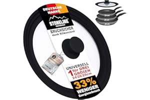 STONELINE 3 in 1 Universaldeckel für Töpfe und Pfannen mit 24/26/28 cm Universal Glasdeckel mit abgestuftem Silikonrand Platinsilikon, hitzebeständig platzsparend, 3 Größen, Schwarz