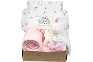 Baby Box Shop - 4 Baby Essentials für Neugeborene Baby Mädchen, ideal als Babyparty-Geschenke & Taufgeschenke für Mädchen, enthält eine Einhorn-Babydecke, rosa Fleece-Babydecke und rosa