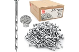 LUN FIX Chiodi rotanti 3 x 70 mm – 5 kg di chiodi in legno zincati, chiodi intrecciati, 3" x 1/8", 70 mm di lunghezza, testa piatta per legno