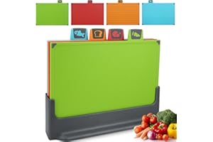 IAGORYUE 4 Colour Coded Chopping Board Set | BPA Free Thick Plastic Chopping Boards with Stand | Kitchen Cutting Boards Dishwasher Safe with Non Slip Feet & Juice Groove for Vegetables/Meat/Fish/Bread