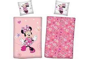 FAMILANDO Juego de ropa de cama de invierno de Minnie Mouse, 135 x 200 + 80 x 80 cm, 100% algodón, ropa de cama de franela rosa con corazones y lazos para niñas