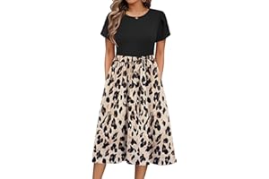 Zeagoo Sommerkleid Damen Elegant Kleider Kurzarm Rundhals Midikleid A-Linie Blumenkleid Casual Tunika Kleid Hohe Taille Strandkleid mit Taschen S-XXL