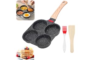 KONESKY Poêle à œufs au plat, poêle à pancake à induction 4 trous avec pinceau en silicone, spatule en bois, poêle en aluminium antiadhésif, facile à nettoyer pour le petit déjeuner, les œufs au plat, les