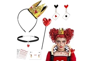 BEIPEGIN Accessoires Deguisement Reine de Coeur, Serre Tête Couronne Reine Boucles D'oreilles Collier Cœur Baguette Tatouage, Accessoires Costume Reine de Coeur Femme Fille pour Carnaval Halloween Cosplay