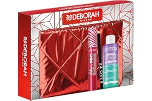 DEBORAH Milano - Set Regalo Donna Pochette Rossa, Include Mascara Like a PRO, Matita Occhi 24 Ore 251 Black e Struccante Occhi Bifasico Dermolab 50ml, N.03