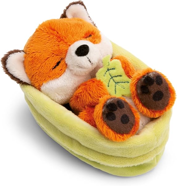 NICI Kuscheltier Fuchs mit Blatt 12cm schlafend im im Körbchen - orange - Stofftier aus weichem Plüsch, niedliches Plüschtier zum Kuscheln und Spielen, für Kinder & Erwachsene - 61581 - 1