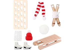 TIKPLUS Wichtel Zubehör Schlitten,9 Stück Wichtelzubehör,1:12 Miniatur Wichteltür Zubehör mit Mütze Schal Schlittschuhe Holz Schlitten Skier Schnee Wichtelschablone Fußabdrücke (Wichtelzubehör)