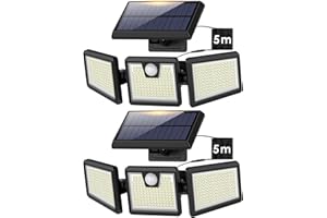 FEOB Luz Solar Exterior 341 LED, 3500LM Súper Brillante Foco Solar Exterior con Sensor de Movimiento, IP65 Impermeable 270º lluminación 3 Cabezales Giratorios Led da Esterno para Jardín, Garaje (2 Paquete)