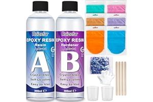 ROIZEFAR Resina Epossidica Trasparente Kit 600ml, Rapporto 1:1 Starter Kit per Principianti Comprendente Resina e Di indurente, Pigmenti, Glitter, Resina per Creazioni, Gioielli Fai da Te, Legno, Gioielli