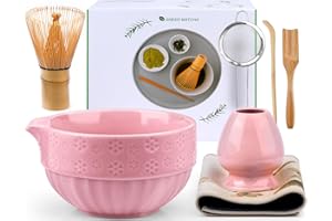 VIBINHO Matcha Kit, Set da 7 Pezzi con Frusta Matcha, Ciotola Matcha, Setaccio Matcha, 2 Cucchiai Matcha, Porta Frusta in Ceramica, Asciugamani Pregiati, Regalo di Alta Qualità per Gli Amanti del Matcha, Rosa