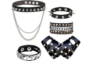 Bettinay 5 Pcs Emo Accessories Set, Goth Choker Studded Bracelet Punk Fingerless Leather Gloves for Woman Man Fancy Dress Halloween