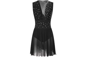 Sinleey Femme Robe Patinage Artistique Strass Leotard Danse Justaucorps Gymnastique sans Manches Tenue Spectacle Compétition