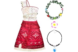 BSBUY Déguisement Vaiana Filles, Robe de Princesse Moana avec Collier, Épingle à Cheveux en Forme de Fleur, Couronne, Filles Costumes Dress up de Princesse pour Halloween, Carnaval, Cosplay, Fête