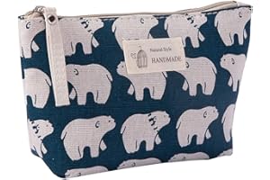 Fablcrew 1Pcs Trousse de Maquillage en Coton et Lin Motif de Ours Polaire Imperméable Sac à Maquillage Organisateur de Cosmétiques de Voyage Trousses de Toilette
