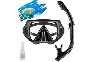 FULYBAO Snorkel Set Adults, Scuba Snorkelling Packages with 180° Panoramic Anti-Fog Tempered Glass Snorkel Mask, Leak Proof Dry Top Snorkel for Snorkeling Diving Swimming with Anti Fog Spray