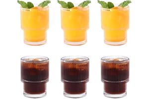 Iudsu Lot de 6 verres striés empilables - 200 ml - Vintage - Verres à café glacé - Verres à eau - Passe au lave-vaisselle - Pour famille, camping, fête, bar