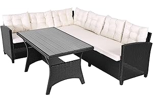 ‎CASARIA Casaria Polyrattan Corner Lounge, WPC Dining Table Corner Bench, 15 cm Cushion, 7 cm Cushions, Weatherproof Outdoor Garden Balcony Seating Set, Lounge Garden Furniture Set, Black