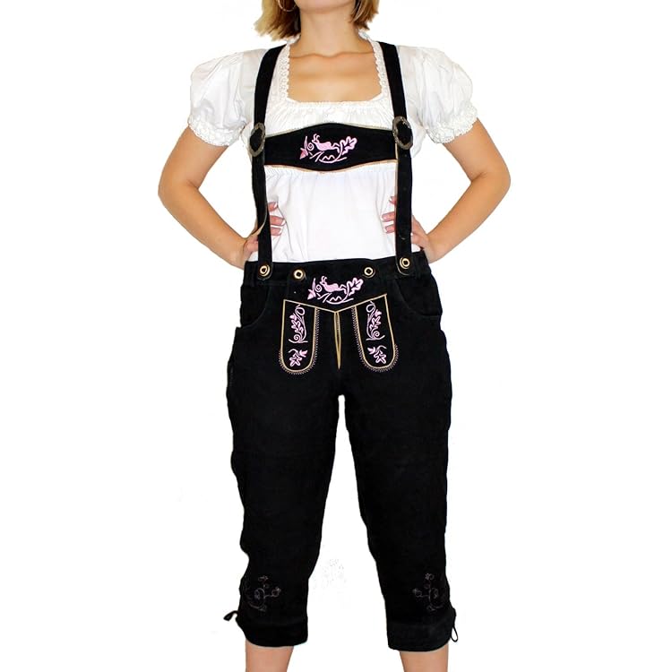 Trachtenjeans Damen 3/4 Shorts - Lederoptik Stretch Hose Für Oktoberfest & Sommer