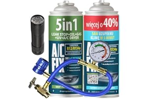 A/C FIX AC FIX 5-en-1 – R134a + R134a XL + tuyau + lampe torche, 470 g Réfrigérant pour climatisation automobile avec huile, colorant UV, dessiccant – Application rapide – Protège le compresseur