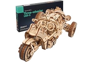 UGEARS Three-wheeler UGR-S - Wooden Motorcycle Model Kit - 3D Puzzles for Adults - Wooden Model Kits to Build - Unique DIY Wooden Puzzle Car Model Kit with Functional Steering & Spring Motor