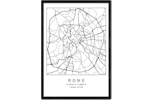 NACNIC Mappa della mappa della città Stile nordico di Roma in bianco e nero. Manifesto A3 Dimensione incorniciata con cornice nera carta stampata 250 gr. Immagini, fogli e poster per salone e camera da letto