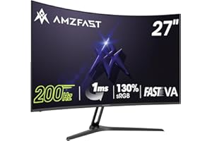 ‎AMZFAST Amzfast 27 Zoll Curved Gaming Monitor - 200Hz, 1920x1080 FHD, 1500R VA Panel, 1ms GtG, sRGB 130%, DCI-P3 95%, HDR, Adapive Sync, Blaulichtfilter, VESA 100*100, HDMI1.4&DP1.2 mit HDMI Kabel - AMZG27C1