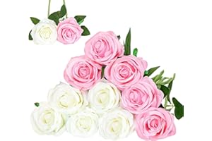 Floralsecret 12 Piezas Rosas Artificiales Ramo Flores Imidacial de Seda Decoración de Boda Casa(Blanca, Rosa)