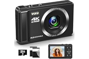 Digital Camera, Toiauaha Autofocus FHD 4K 44MP Compact Camera, Rechargeable Vlogging Camera with 32GB Card & 2 Batteries, Portable Mini Camera with 16X Digital Zoom for Kids Beginners Teenagers