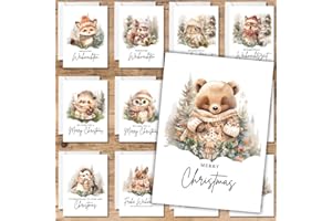 ‎CELEBR8TE celebr8te Weihnachtskarten mit Umschlag Set und gratis Sticker (je 12 Stück) - Grußkarten, Postkarten, Geschenkkarten - Weihnachtskarten Set Aquarell Tiere