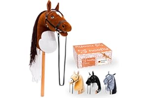 Hoofly® Hobby Horse Pferde – Großes Steckenpferd für Kinder A3 mit Trense & 40 cm Schraubstab | Realistisches & weiches Stockpferd Braun (Schecke) | Hobby Horsing Pferd in 4 liebevollen Farben