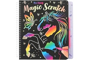 Depesche 12731 Miss Melody Magic Scratch Book con 20 páginas fantásticos diseños de arañazos, Libro con Degradado de Colores y lápiz rascador
