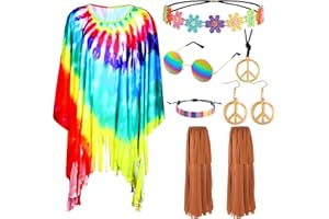 HEAWAA Juego de disfraz hippie de los años 60 y 70, 7 piezas, ropa hippie para mujer con poncho hippie, borlas, mangas de las piernas, diadema, gafas de sol, signo de paz, collar y pendientes para mujer,