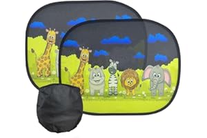 KAYRUK Pare Soleil Voiture Bébé Ventouse,2PCS Pare Brise Vitres Latérales pour Enfant,Auto Adhésifs,Sac Rangement,Protection Solaire et UV (Amis des Animaux, 440mm*350mm)