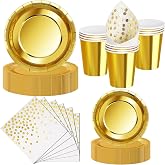 Nkaiso Disposable Plates and Cups, 50 Pieces Gold Party Tableware, 10 x 23 cm &amp; 10 x 18 cm Cardboard Plates, 10 Cups, 20 Napk