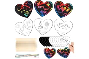 Faccito Kit di Carta da Grattare per San Valentine Include 12 Scratch Paper Fogli di Carta da Grattare a Forma di Cuore 12 Pennini in Legno 12 Nastri per Bambini Decorazioni per DIY Festa Matrimonio