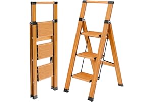 KULACO Escalera con Pasamanos Antideslizante, 3 Peldaños, Plegable, de Aluminio, Hasta 150 kg, Portátil en Aspecto de Madera, Doméstica con Pedal Ancho