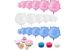 MINISOISO 18 Piezas Tapas Silicona Ajustables Cocina, Reutilizables Tapas de Silicona Elásticas, sin BPA, Tapa Universal de 6 Tamaños Diferentes para Tarros, Cuencos, Fruta
