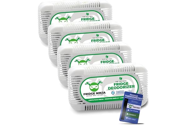 Fridge Ninja Désodorisant Frigo - Naturel Anti Odeur Frigo - Sacs Réutilisables De Purification D'air Au Charbon Actif Pack 4 Avec Thermometre Frigo - Sent Bon Frigo