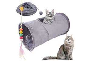 AIPWERER Składany tunel dla kota z piłką, tunel do zabawy, trzaskający tunel z zamszu, dla wszystkich kotów, królików, szczeniąt i małych zwierząt, z wiszącym zabawnym kijkiem (szary)